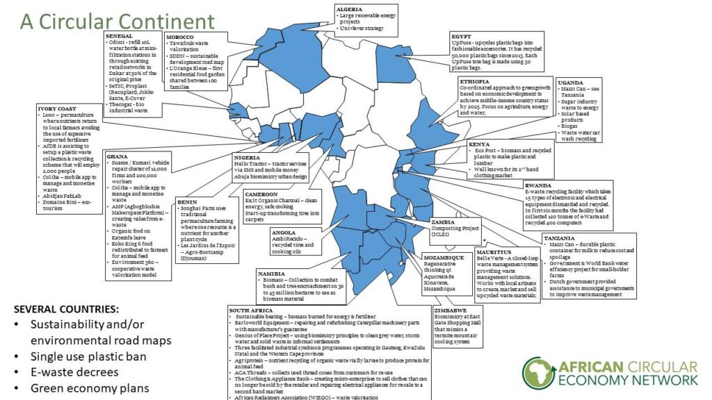 Map of Africa shows country-specific circular economy initiatives, including recycling, sustainable farming, e-waste solutions, and plastic bans.