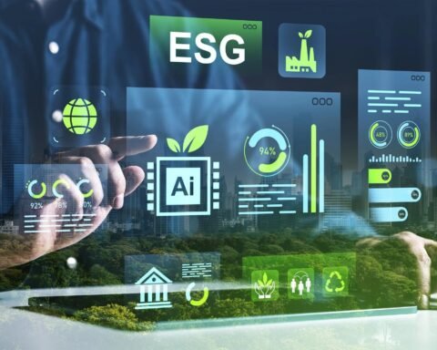 ESG AI professional is holding a tablet displaying ESG dashboards, sustainability metrics, AI insights and global supply-chain data.