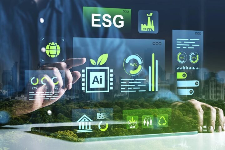 ESG AI professional is holding a tablet displaying ESG dashboards, sustainability metrics, AI insights and global supply-chain data.