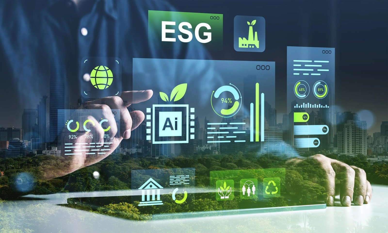 ESG AI professional is holding a tablet displaying ESG dashboards, sustainability metrics, AI insights and global supply-chain data.