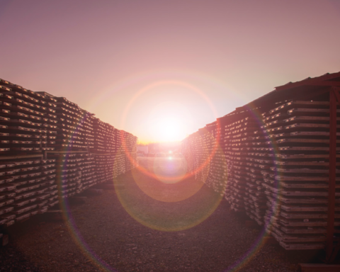 Rows of stacked industrial materials at an outdoor site at sunset.