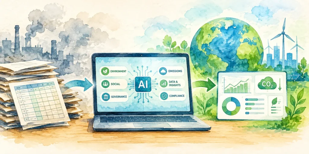 An illustration of AI-powered ESG software transforming sustainability data into emissions insights and compliance reports.