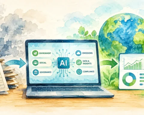 An illustration of AI-powered ESG software transforming sustainability data into emissions insights and compliance reports.