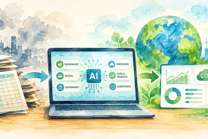 An illustration of AI-powered ESG software transforming sustainability data into emissions insights and compliance reports.