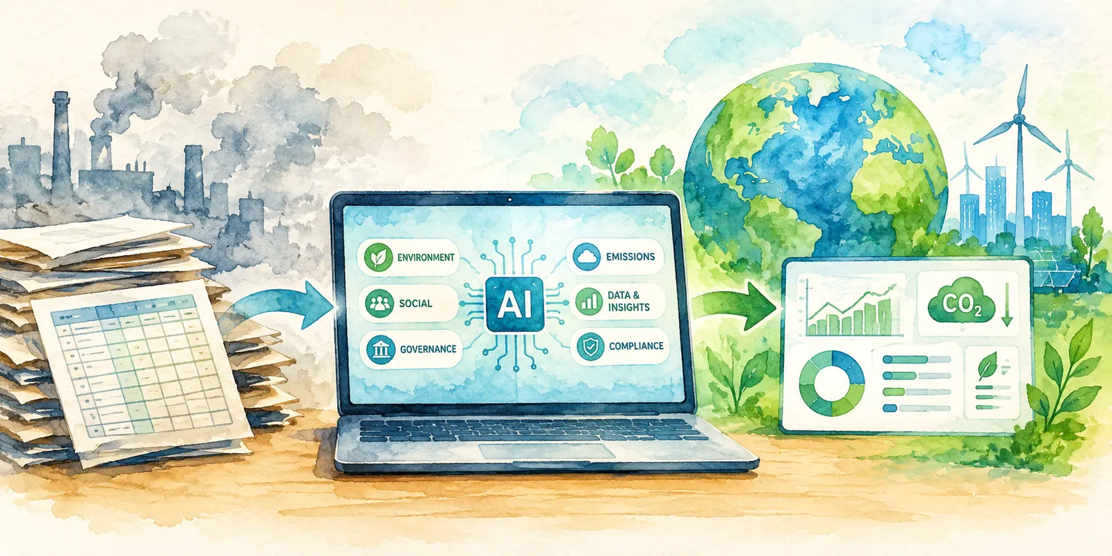 An illustration of AI-powered ESG software transforming sustainability data into emissions insights and compliance reports.