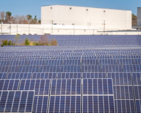 Rows of photovoltaic panels at a large solar farm generating renewable electricity.
